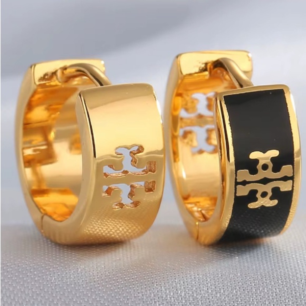 TORY BURCH GOLD & BLACK LOGO HUGGIE HOOP EARRINGS - Picture 2 of 4